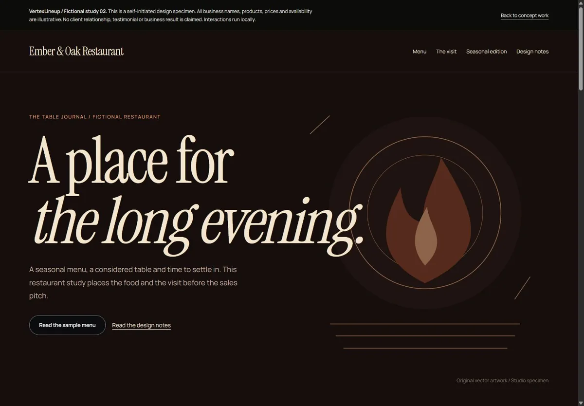 Current Ember and Oak fictional restaurant concept: espresso and terracotta typography with menu navigation