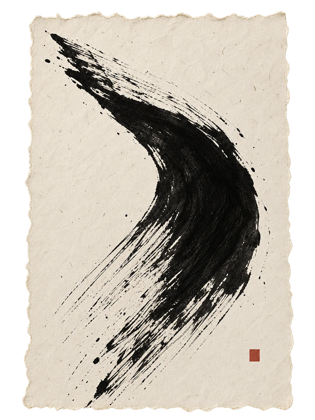 A broad black ink stroke on textured ivory paper