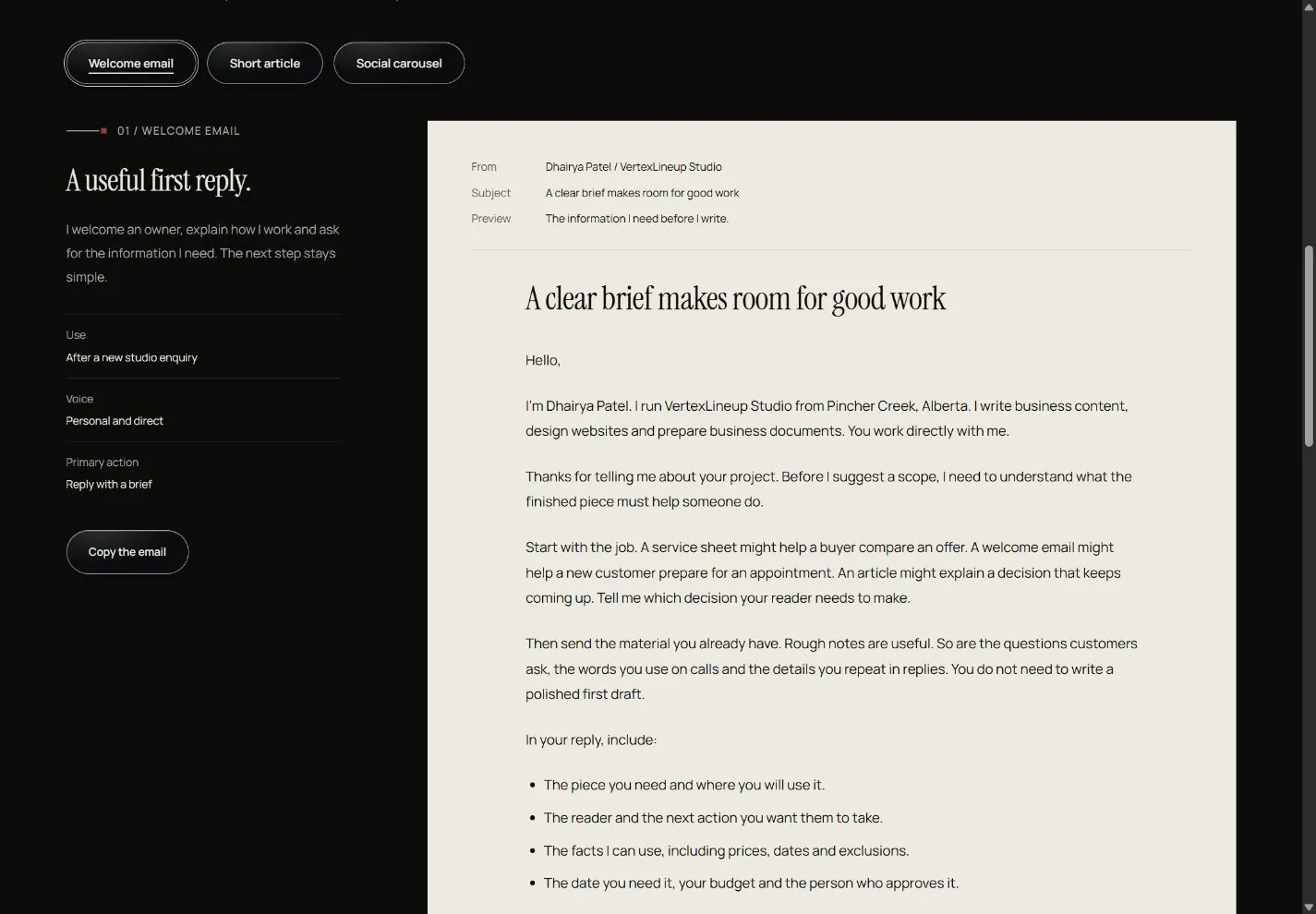 Actual local capture of the Copywriting & Content sample