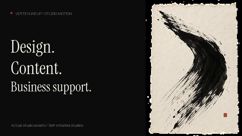 Studio motion poster: Ink and Space artwork with the words Design, Content and Business support